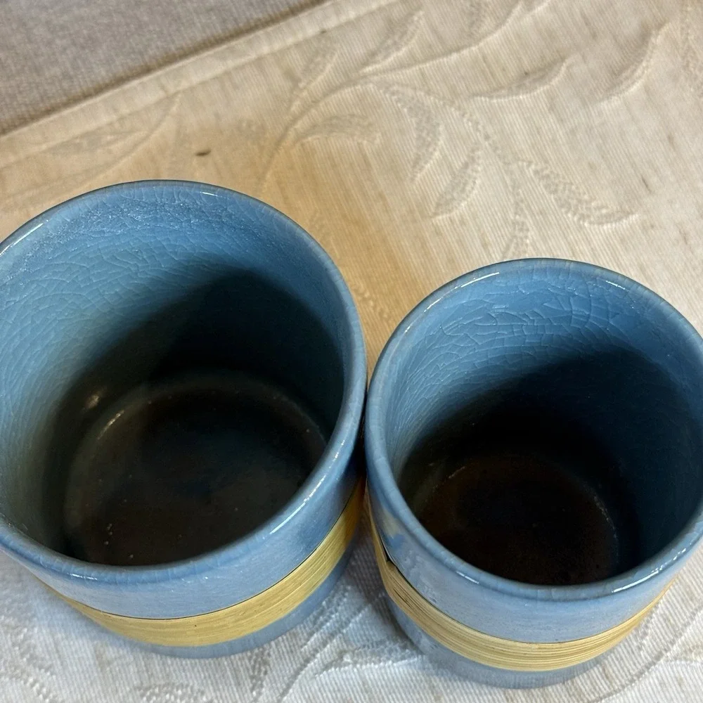 Vtg Tea Cups Crackled Pottery Blue and‎ Bamboo Wrapped. Sake Or Tea. Set of 2